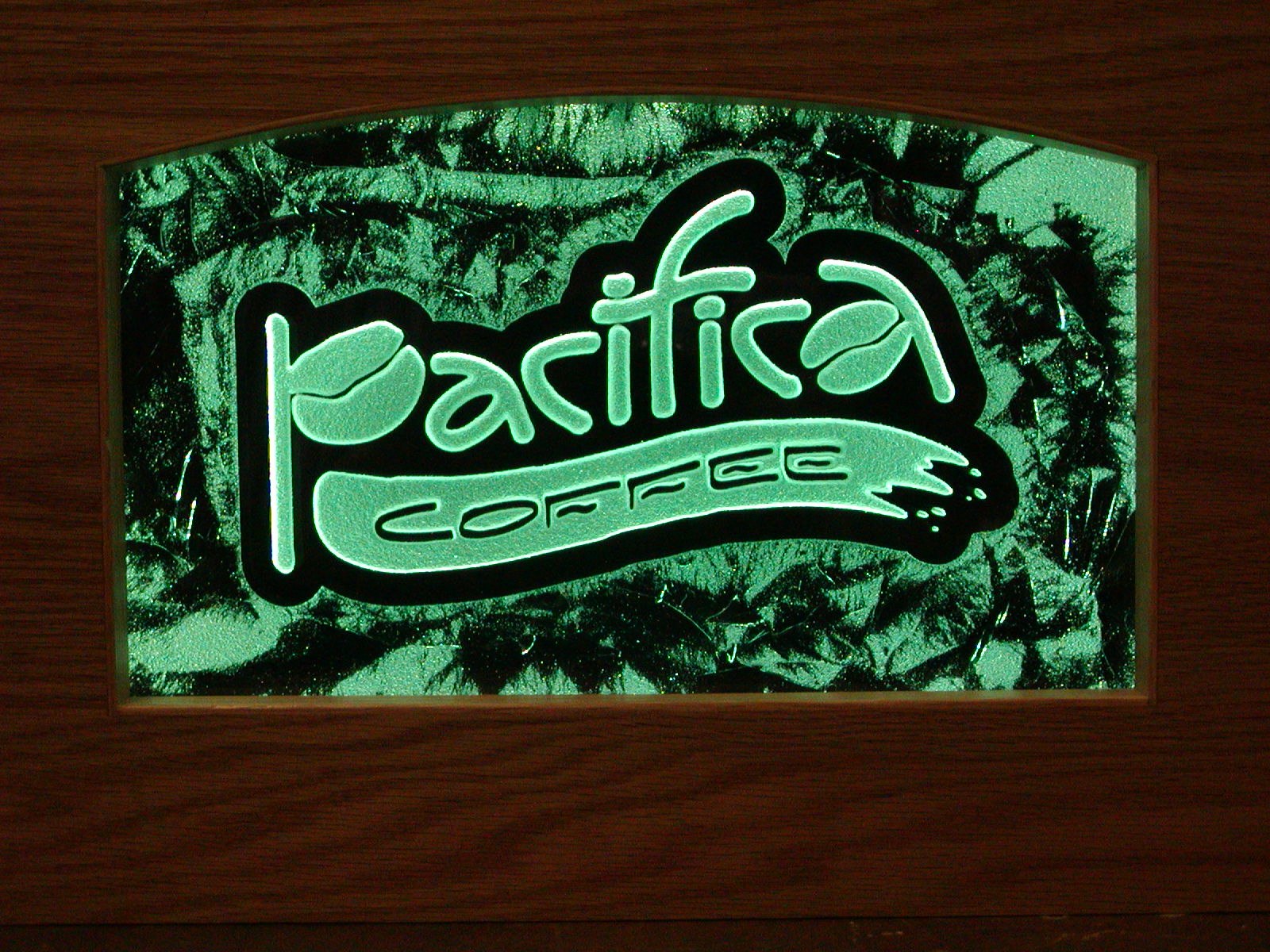 Pacifica Coffee Glass Display Topper Brad Johnson Signs